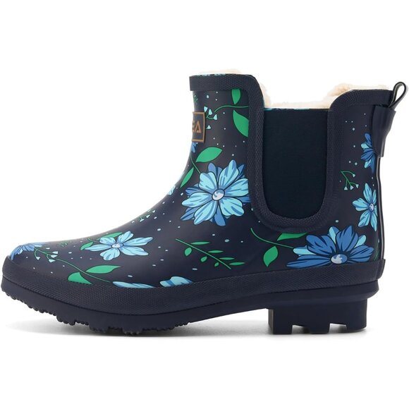⚡Women's Blue Flower Plush Rain Ankle Snow Boots Waterproof Chelsea Rubber - Picture 3 of 6